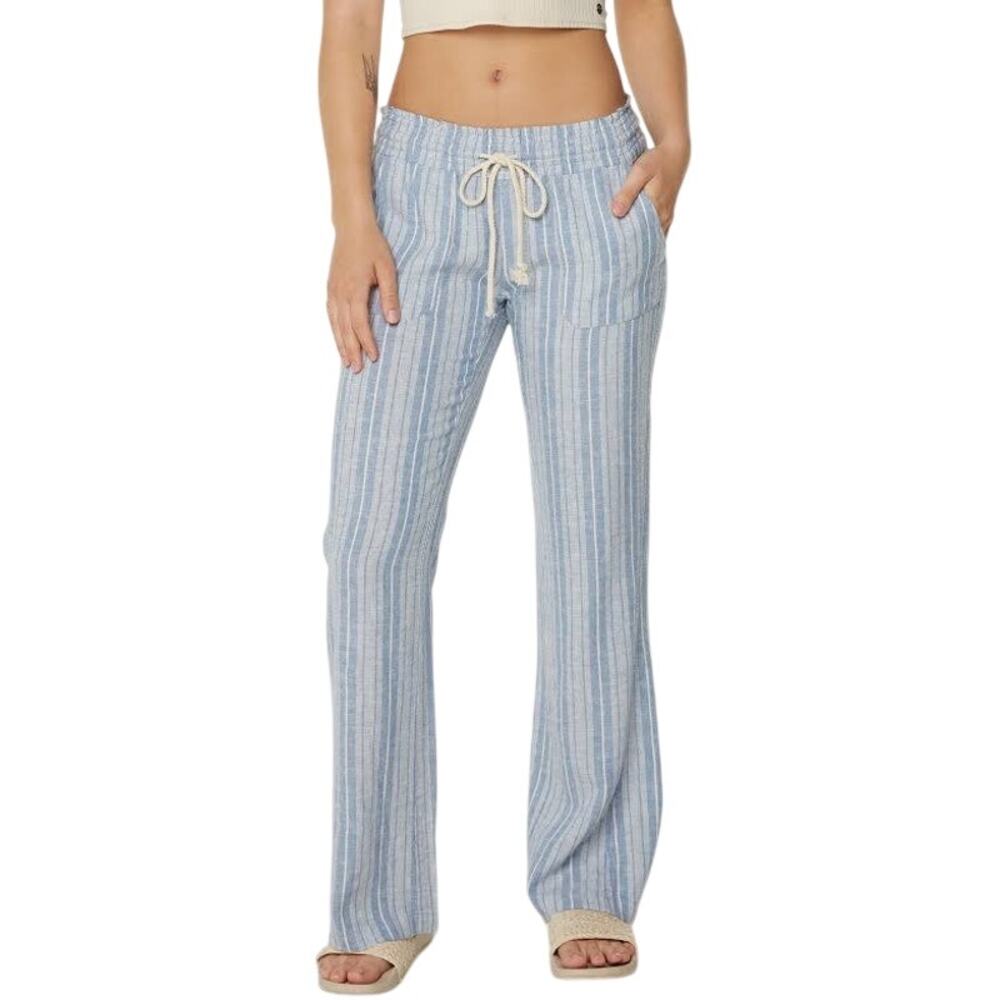 Roxy Oceanside Striped Linen Blend Pants Blue Large